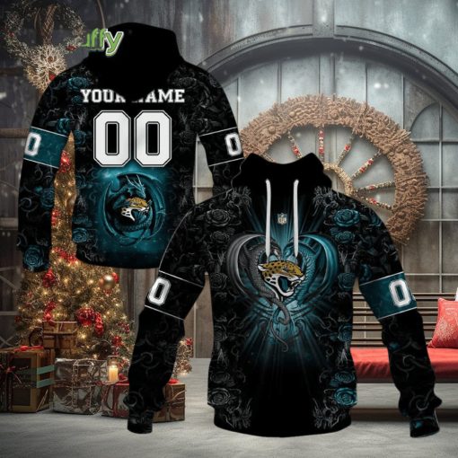 NFL Jacksonville Jaguars Custom Name Number Rose Dragon Pullover Hoodie