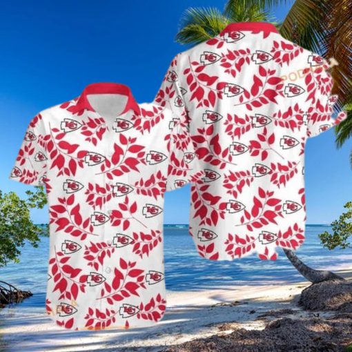 NFL Kansas City Chiefs Hawaiian Shirt Leaves Pattern White Aloha