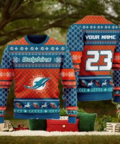 NFL Miami Dolphins Custom Name And Number Ugly Christmas Sweater Christmas Gift For Sport Team