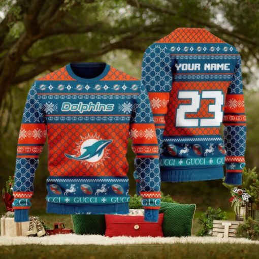 NFL Miami Dolphins Custom Name And Number Ugly Christmas Sweater Christmas Gift For Sport Team