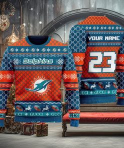 NFL Miami Dolphins Custom Name And Number Ugly Christmas Sweater Christmas Gift For Sport Team