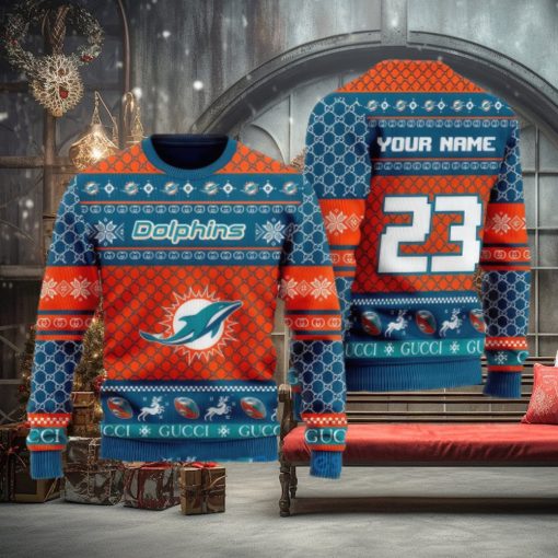 NFL Miami Dolphins Custom Name And Number Ugly Christmas Sweater Christmas Gift For Sport Team