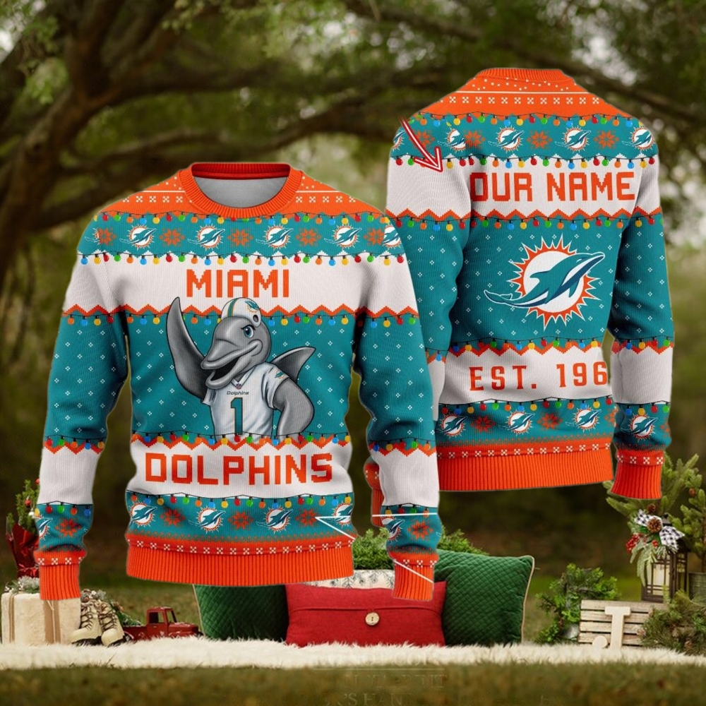 NFL Miami Dolphins Cute Mascot Custom Ugly Christmas Sweater NFL Miami Dolphins Cute Mascot Custom Ugly Christmas Sweater