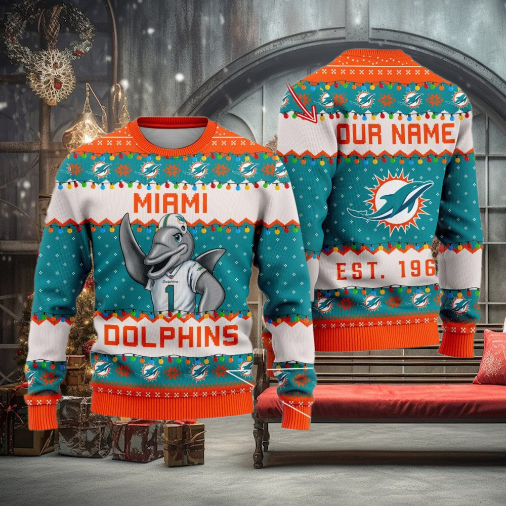 NFL Miami Dolphins Cute Mascot Custom Ugly Christmas Sweater NFL Miami Dolphins Cute Mascot Custom Ugly Christmas Sweater