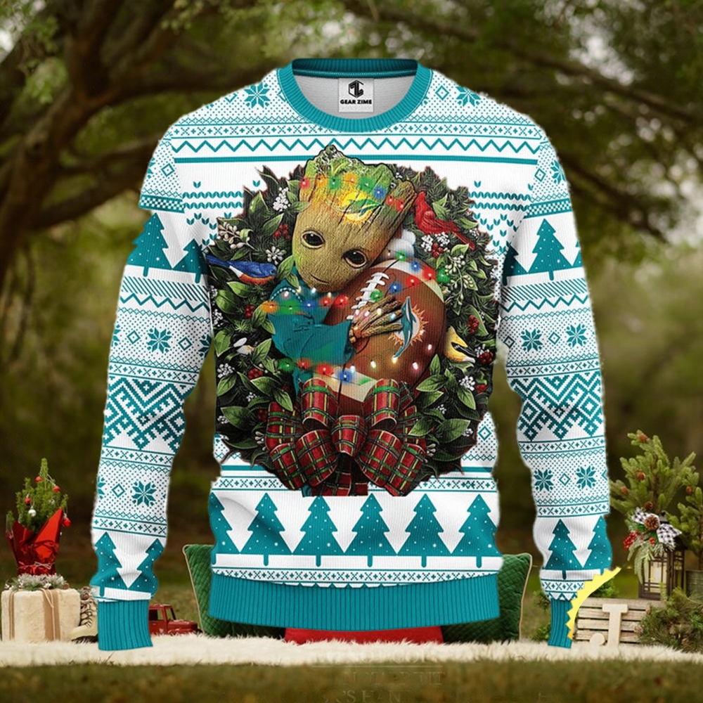 NFL Miami Dolphins Groot Hug Christmas Ugly Sweater - Limotees