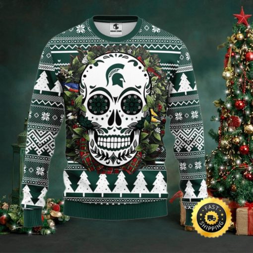 NFL Michigan State Spartans Skull Flower Ugly Christmas Ugly Sweater