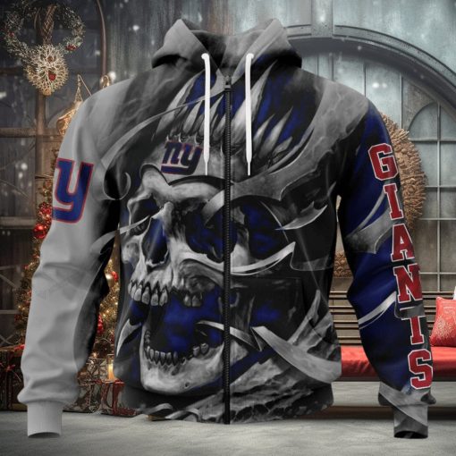 NFL New York Giants Custom Name Number Grey Skull Zip Up Hoodie