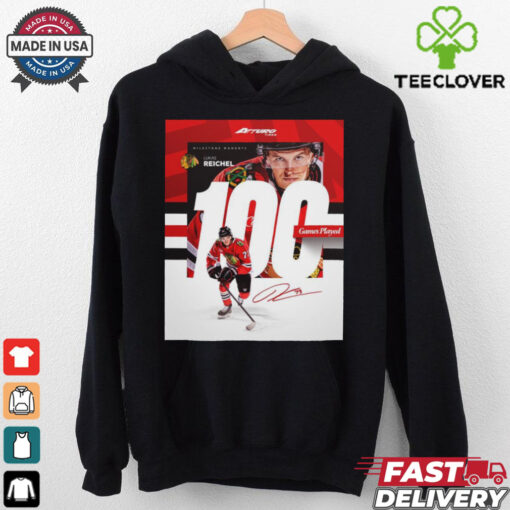 NHL Chicago Blackhawks Lukas Reichel 100 Games Played Signature Poster t hoodie, sweater, longsleeve, shirt v-neck, t-shirt