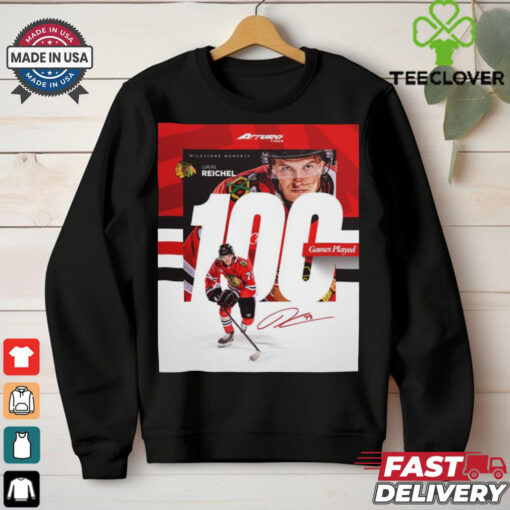 NHL Chicago Blackhawks Lukas Reichel 100 Games Played Signature Poster t hoodie, sweater, longsleeve, shirt v-neck, t-shirt