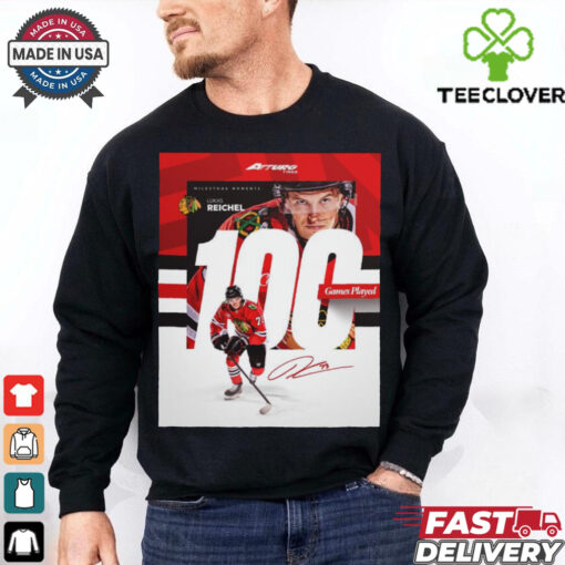 NHL Chicago Blackhawks Lukas Reichel 100 Games Played Signature Poster t hoodie, sweater, longsleeve, shirt v-neck, t-shirt