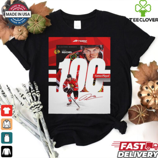 NHL Chicago Blackhawks Lukas Reichel 100 Games Played Signature Poster t hoodie, sweater, longsleeve, shirt v-neck, t-shirt