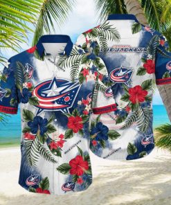 NHL Columbus Blue Jackets Hawaiian Shirt Hibiscus Flowers Pattern hawaiian shirt