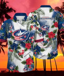NHL Columbus Blue Jackets Hawaiian Shirt Hibiscus Flowers Pattern hawaiian shirt
