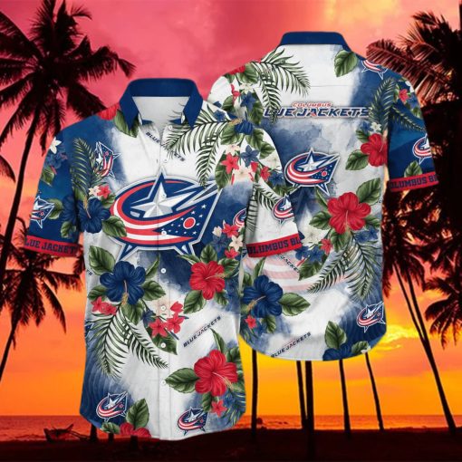 NHL Columbus Blue Jackets Hawaiian Shirt Hibiscus Flowers Pattern hawaiian shirt