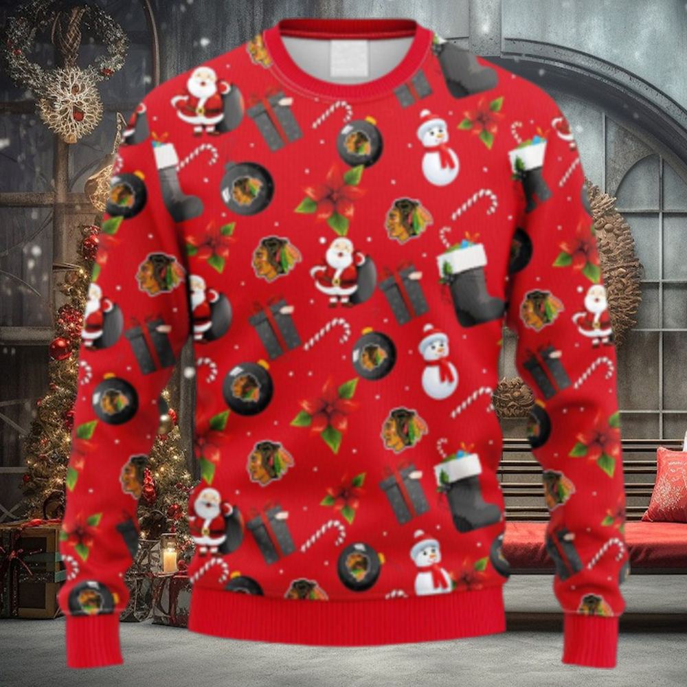 NHL Logo Chicago Blackhawks Santa Claus Snowman Christmas Ugly Sweater For Men Women NHL Logo Chicago Blackhawks Santa Claus Snowman Christmas Ugly Sweater For Men Women