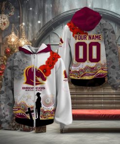 NRL Brisbane Broncos Custom Name Number ANZAC Day Zip Up Hoodie