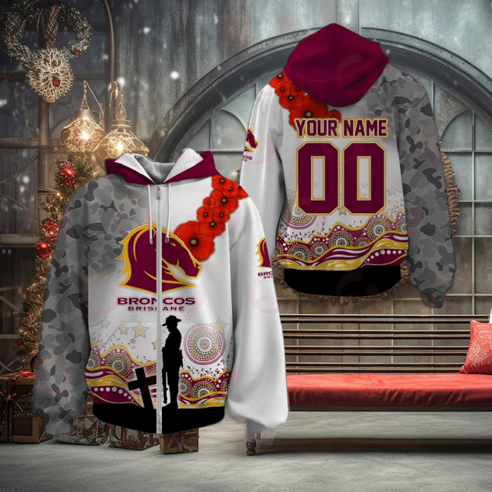NRL Brisbane Broncos Custom Name Number ANZAC Day Zip Up Hoodie NRL Brisbane Broncos Custom Name Number ANZAC Day Zip Up Hoodie