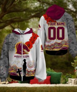 NRL Brisbane Broncos Custom Name Number ANZAC Day Zip Up Hoodie