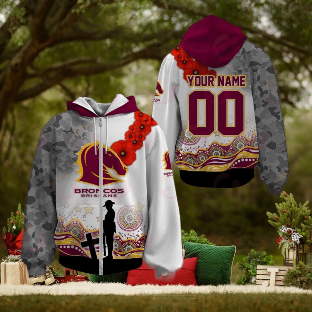 NRL Brisbane Broncos Custom Name Number ANZAC Day Zip Up Hoodie NRL Brisbane Broncos Custom Name Number ANZAC Day Zip Up Hoodie
