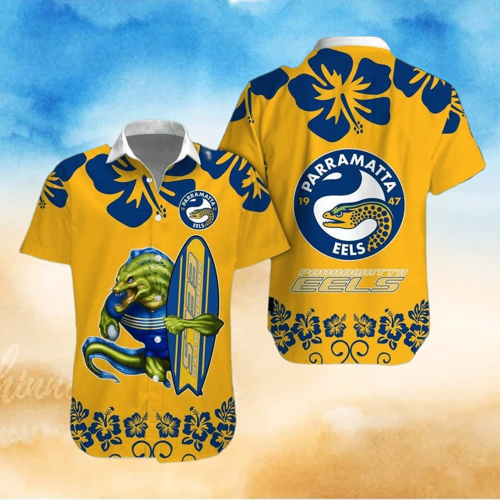 NRL Logo Parramatta Eels Big Hibiscus Hawaiian Shirt And Short Gift For Fans NRL Logo Parramatta Eels Big Hibiscus Hawaiian Shirt And Short Gift For Fans