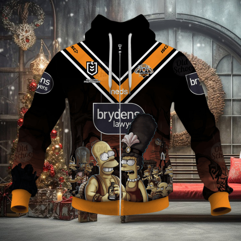 NRL Wests Tigers Custom Name Number x The Simpsons 2020 Halloween Jersey Zip Up Hoodie NRL Wests Tigers Custom Name Number x The Simpsons 2020 Halloween Jersey Zip Up Hoodie