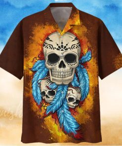 Native Skull Blue Feather Brown Hawaiian Shirt