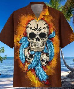 Native Skull Blue Feather Brown Hawaiian Shirt