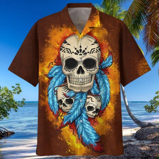 Native Skull Blue Feather Brown Hawaiian Shirt