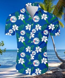Nba Philadelphia 76Ers White Hibiscus Flowers Green Leaves Trendy Hawaiian Shirt Aloha Shirt