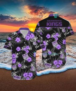 Nba Sacramento Kings Purple Black Tropical Flowers Hawaiian Shirt