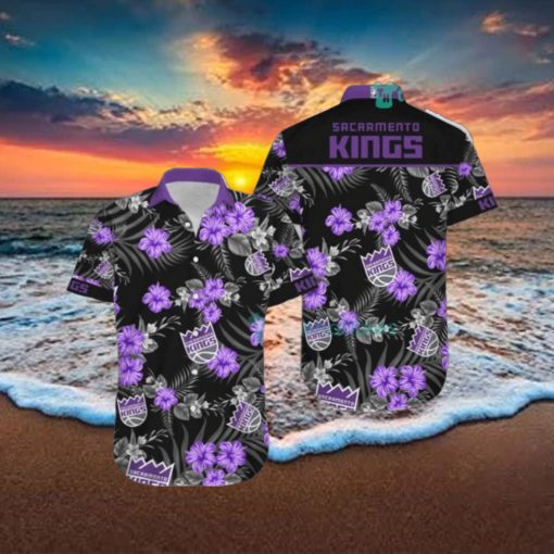 Nba Sacramento Kings Purple Black Tropical Flowers Hawaiian Shirt