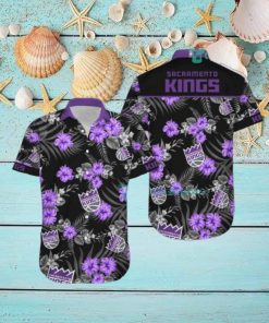 Nba Sacramento Kings Purple Black Tropical Flowers Hawaiian Shirt