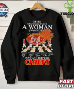 Never Underestimate A Woman Who Loves Fall And Her Kansas City Chiefs Abbey Road Signatures Shirt