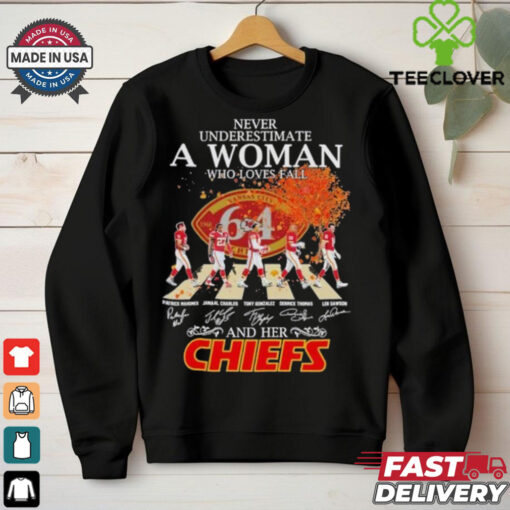 Never Underestimate A Woman Who Loves Fall And Her Kansas City Chiefs Abbey Road Signatures Shirt