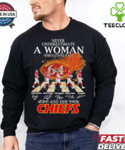 Never Underestimate A Woman Who Loves Fall And Her Kansas City Chiefs Abbey Road Signatures Shirt
