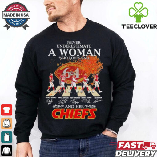 Never Underestimate A Woman Who Loves Fall And Her Kansas City Chiefs Abbey Road Signatures Shirt