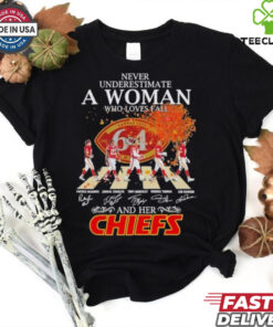Never Underestimate A Woman Who Loves Fall And Her Kansas City Chiefs Abbey Road Signatures Shirt