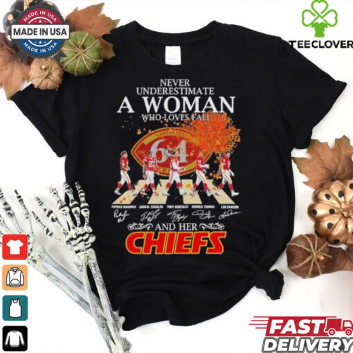 Never Underestimate A Woman Who Loves Fall And Her Kansas City Chiefs Abbey Road Signatures Shirt