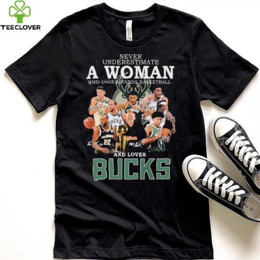 Never Underestimate A Woman Who Understands Basketball And Loves Milwaukee Bucks 2022 Signatures Shirt