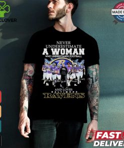 Never Underestimate A Woman Who Understands Football And Love Baltimore Ravens 2024 Signatures Shirt