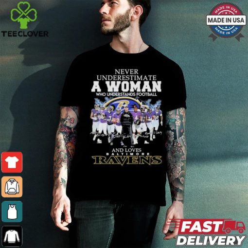 Never Underestimate A Woman Who Understands Football And Love Baltimore Ravens 2024 Signatures Shirt