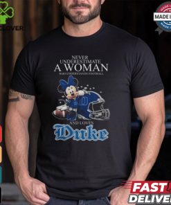 Never Underestimate A Woman Who Understands Football And Loves Duke Blue Devils x Minnie Mouse T Shirt