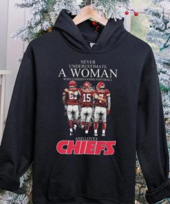 Never Underestimate A Woman Who Understands Football And Loves Kansas City Chiefs Kelce Mahomes And Butker Signatures T Shirt