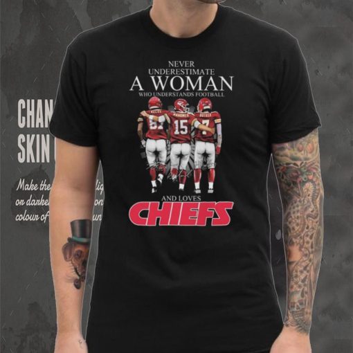 Never Underestimate A Woman Who Understands Football And Loves Kansas City Chiefs Kelce Mahomes And Butker Signatures T Shirt