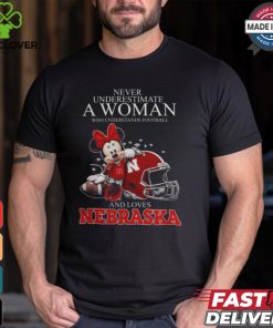 Never Underestimate A Woman Who Understands Football And Loves Nebraska Cornhuskers x Minnie Mouse T Shirt