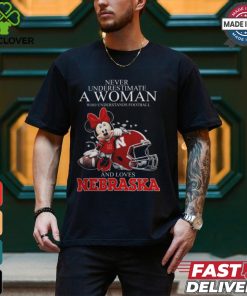 Never Underestimate A Woman Who Understands Football And Loves Nebraska Cornhuskers x Minnie Mouse T Shirt