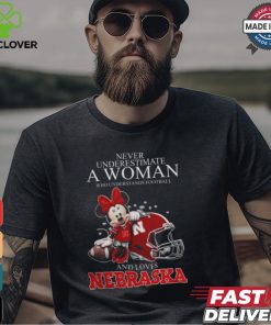 Never Underestimate A Woman Who Understands Football And Loves Nebraska Cornhuskers x Minnie Mouse T Shirt