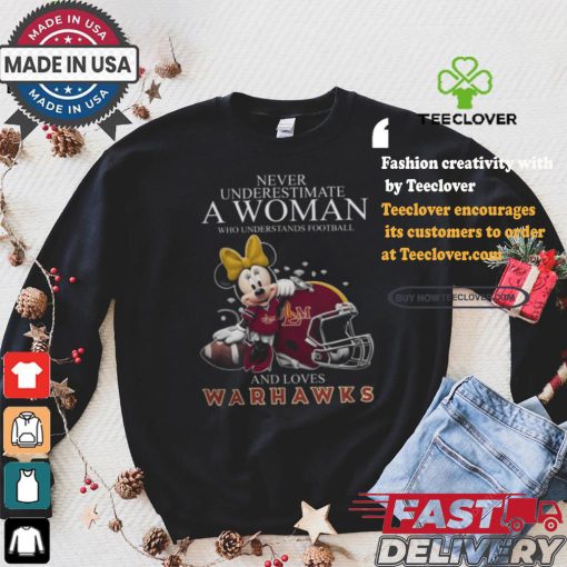 Never Underestimate A Woman Who Understands Football And Loves ULM Warhawks x Minnie Mouse T Shirt