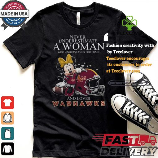 Never Underestimate A Woman Who Understands Football And Loves ULM Warhawks x Minnie Mouse T Shirt