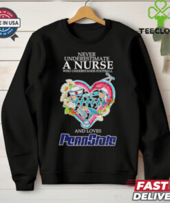 Never Underestimate a Nurse Who Understands Football and Loves Penn State Shirt, featuring a bold design that combines a love for nursing, football, and the Penn State Nittany Lions. Perfect for female fans who balance their passion for healthcare and their pride in Penn State!